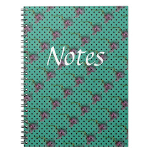 Blue green purple flowers and black polka dots notebook