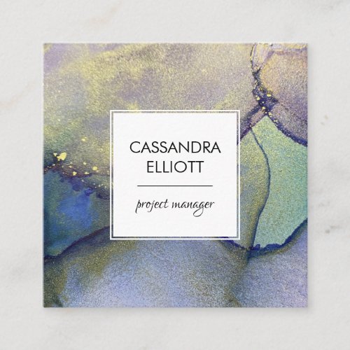 Blue Green Purple  Gold Abstract Liquid Art Square Business Card