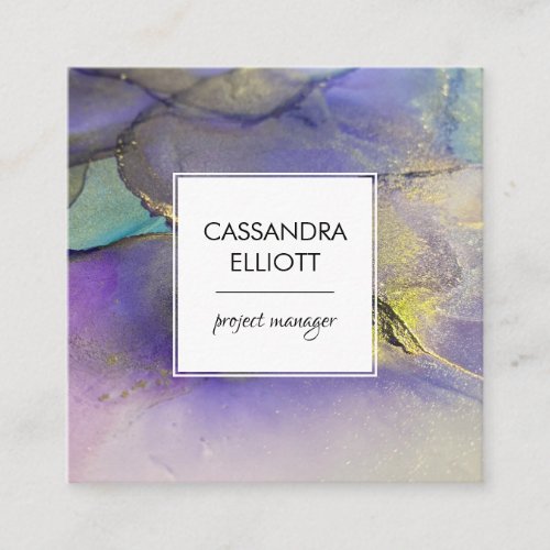 Blue Green Purple  Gold Alcohol Ink Liquid Art Square Business Card