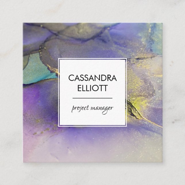 Blue Green Purple & Gold Alcohol Ink Liquid Art Square Business Card (Front)