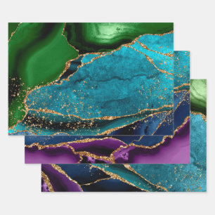 Blue, Green & Purple & Gold Glitter Peacock Agate Wrapping Paper Sheets