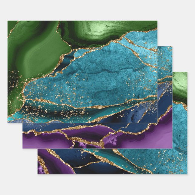 Blue, Green & Purple & Gold Glitter Peacock Agate Wrapping Paper Sheets (Set)