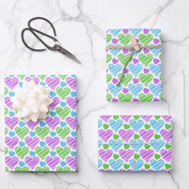 Blue Green Purple Hearts Pattern Wrapping Paper Sheets (Front)
