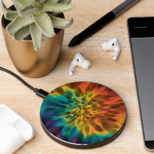 Blue Green Purple Orange Yellow Black Tie Dye Art Wireless Charger