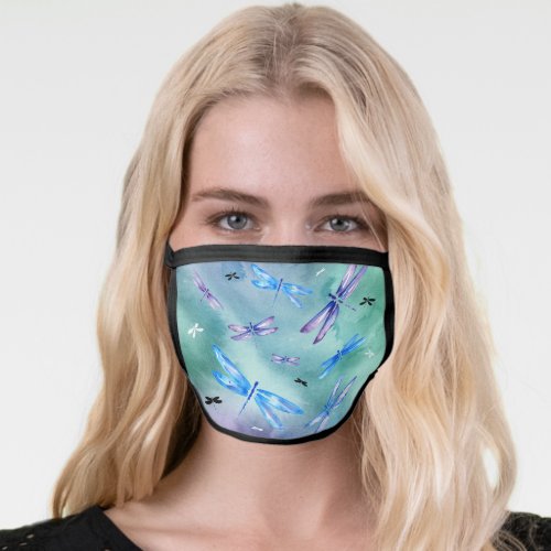 Blue Green Purple Pattern Watercolor Dragonfly Face Mask
