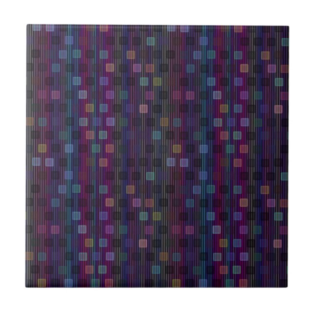 Blue, green, purple, pink squares with stripes ceramic tile (Front)