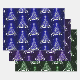Blue Green & Purple Silver Tree Motif Wrapping Paper Sheets