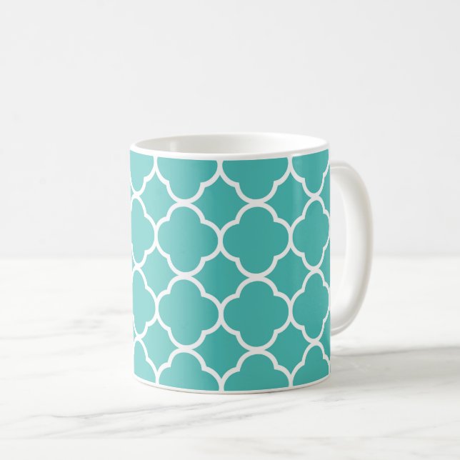 Blue-Green Quatrefoil Pattern Coffee Mug (Front Right)