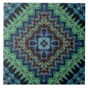 Blue Green Quilted Tribal Pattern Ceramic Tile