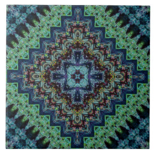 Blue Green Quilted Tribal Pattern Ceramic Tile
