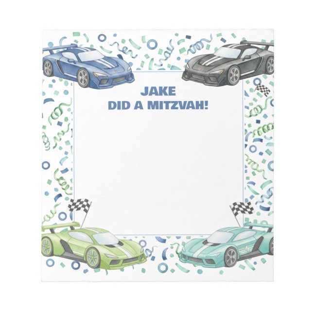 Blue Green Race car Supercar Personalized Mitzvah  Notepad (Front)