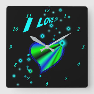 Blue Green Rainbow Heart with Stars Square Wall Clock