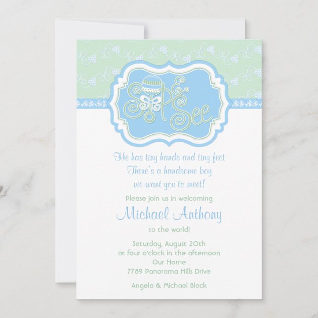 Blue Green Rattle Lace Sip N See Baby Shower Invitation (Front)