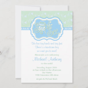 Blue Green Rattle Lace Sip N See Baby Shower Invitation