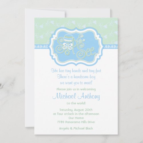 Blue Green Rattle Lace Sip N See Baby Shower Announcement