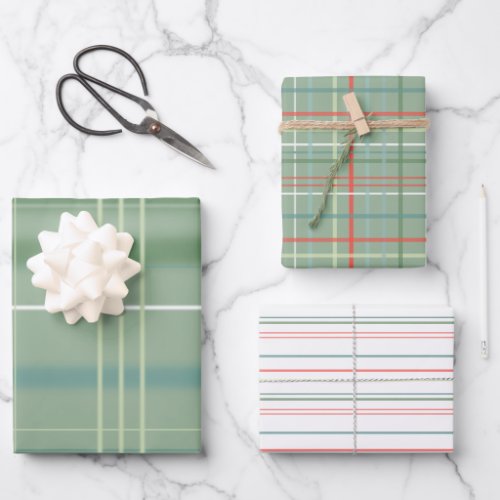 Blue Green Red and White Stripes and Plaid Wrapping Paper Sheets