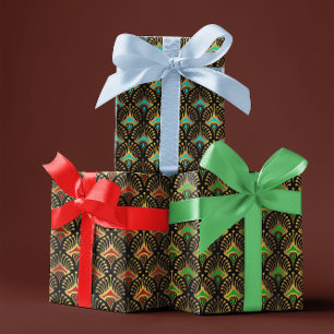 Blue, Green Red Art Deco Pattern On Black Wrapping Paper Sheets