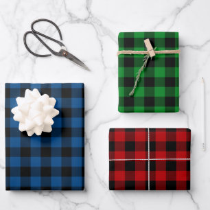 Blue Green & Red Buffalo Plaid Wrapping Paper Sheets