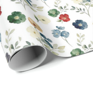Blue Green Red Floral Watercolor Wrapping Paper