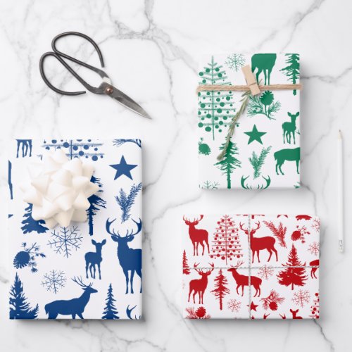 Blue Green Red Reindeer Woodland Forest Modern Wrapping Paper Sheets