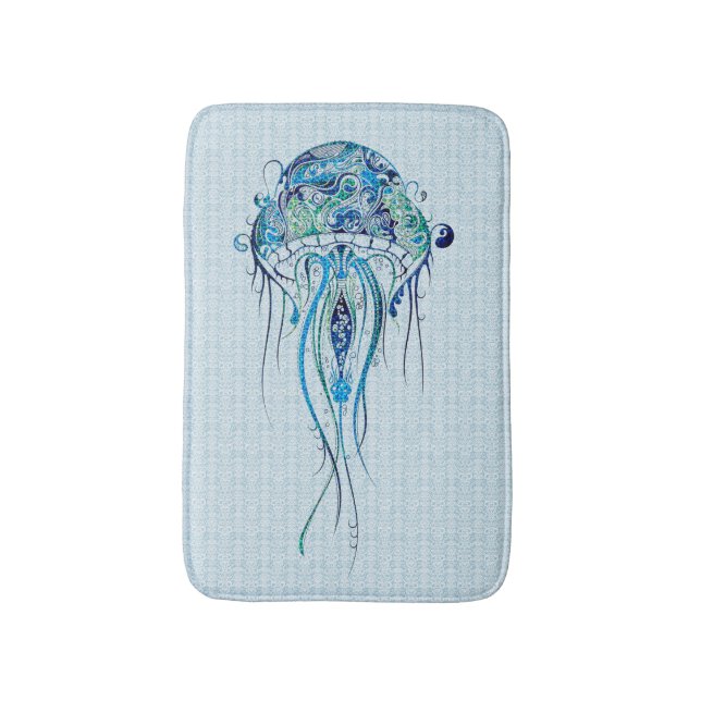 Blue-Green Retro Jellyfish Over Blue Background 2 Bathroom Mat (Front Vertical)