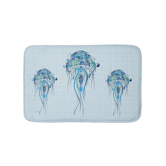 Blue-Green Retro Jellyfish Over Blue Background Bath Mat (Front)