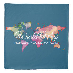 Blue Green Retro Watercolor Map Duvet Cover