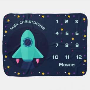 Blue & Green Rocket Space Theme Boy Name Milestone Baby Blanket