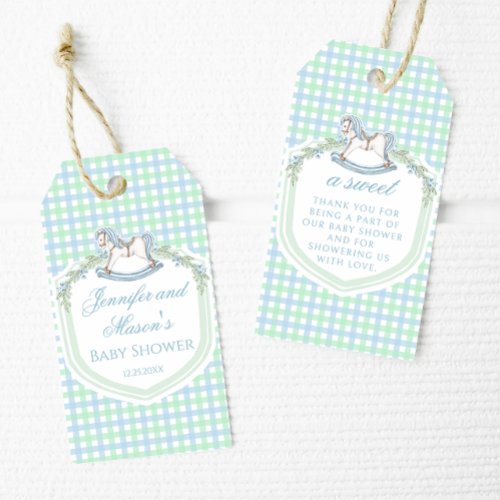 Blue green rocking horse baby boy shower thank you gift tags