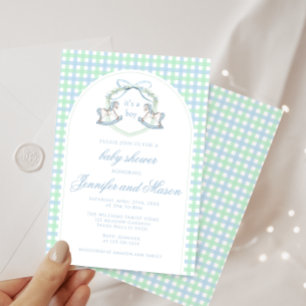 Blue green rocking horse boho arch baby boy shower invitation