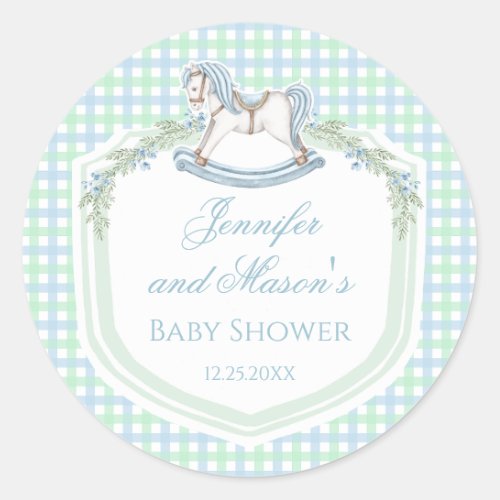 Blue green rocking horse gingham baby boy shower classic round sticker