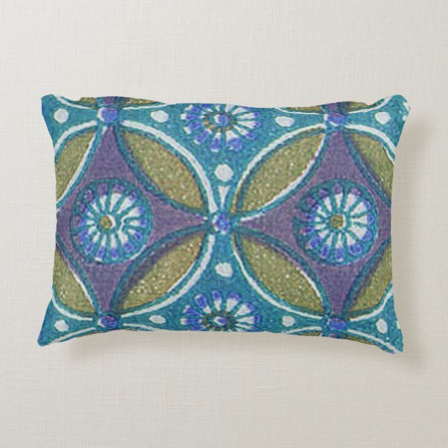 Blue Green Rustic Boho Geometric Circle Pattern Accent Pillow (Back)