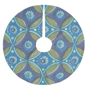 Blue Green Rustic Boho Geometric Circle Pattern Brushed Polyester Tree Skirt