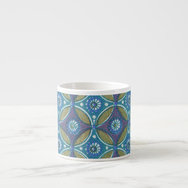 Blue Green Rustic Boho Geometric Circle Pattern Espresso Cup (Front)