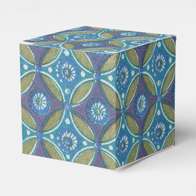 Blue Green Rustic Boho Geometric Circle Pattern Favor Boxes (Front Side)