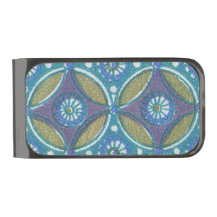 Blue Green Rustic Boho Geometric Circle Pattern Gunmetal Finish Money Clip