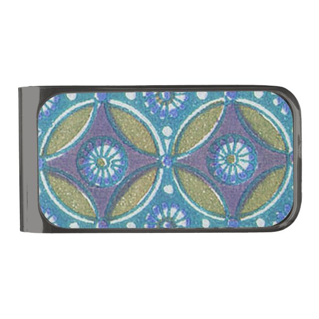 Blue Green Rustic Boho Geometric Circle Pattern Gunmetal Finish Money Clip (Front)
