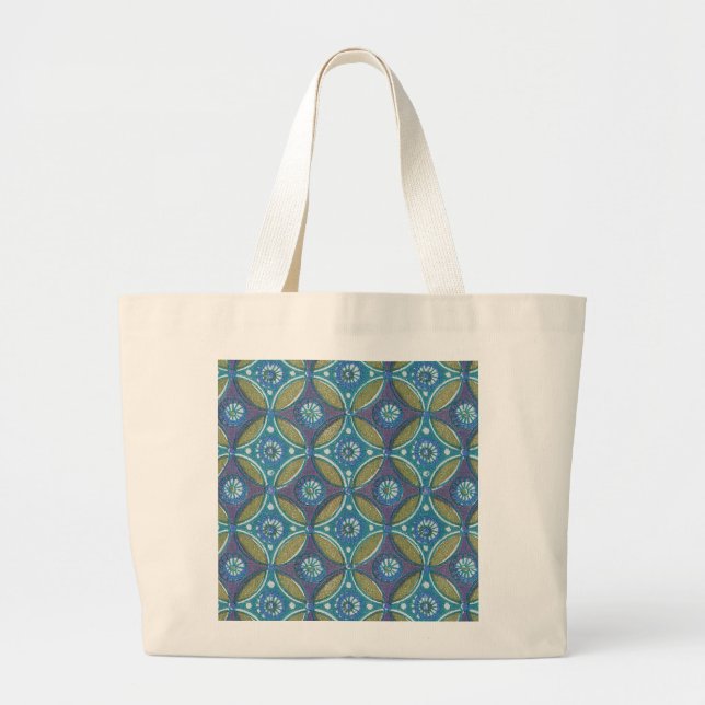 Blue Green Rustic Boho Geometric Circle Pattern Large Tote Bag (Front)
