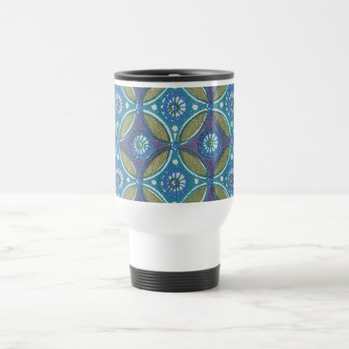 Blue Green Rustic Boho Geometric Circle Pattern Travel Mug