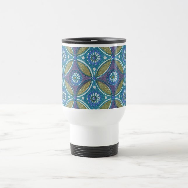Blue Green Rustic Boho Geometric Circle Pattern Travel Mug (Center)