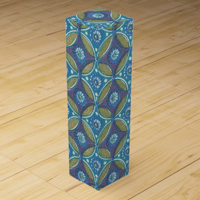 Blue Green Rustic Boho Geometric Circle Pattern Wine Box (Front)