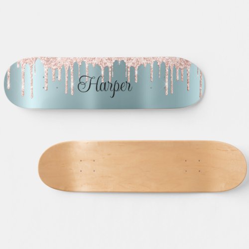 Blue Green Satin Finish with Pink Glitter Drips Skateboard