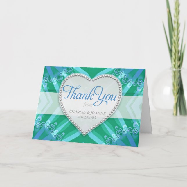 Blue Green Satin Heart Wedding Thank You Cards (Front)