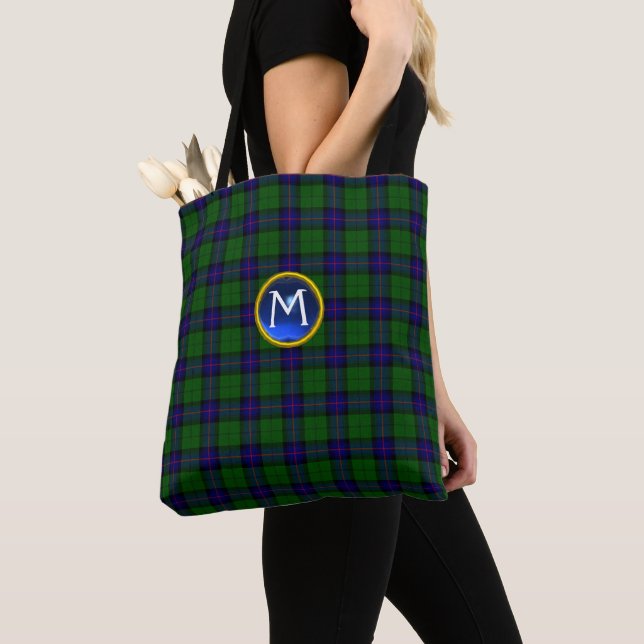 BLUE GREEN SCOTTISH ARMSTRONG TARTAN GEM MONOGRAM TOTE BAG (Close Up)