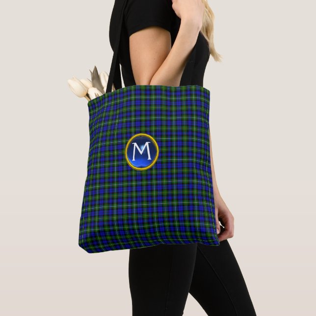 BLUE GREEN SCOTTISH CAMPBELL TARTAN GEM MONOGRAM TOTE BAG (Close Up)
