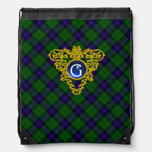 BLUE GREEN SCOTTISH TARTAN,CELTIC HEART MONOGRAM DRAWSTRING BAG