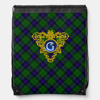 BLUE GREEN SCOTTISH TARTAN,CELTIC HEART MONOGRAM DRAWSTRING BAG