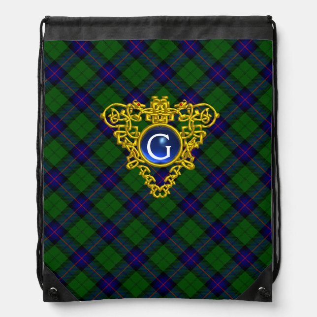 BLUE GREEN SCOTTISH TARTAN,CELTIC HEART MONOGRAM DRAWSTRING BAG (Front)