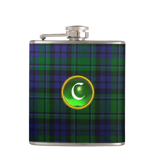BLUE GREEN SCOTTISH TARTAN EMERALD GEM MONOGRAM FLASK (Front)