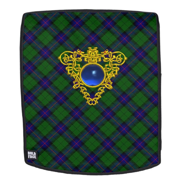 BLUE GREEN SCOTTISH TARTAN, GOLD CELTIC HEART BACKPACK (Removable Face)